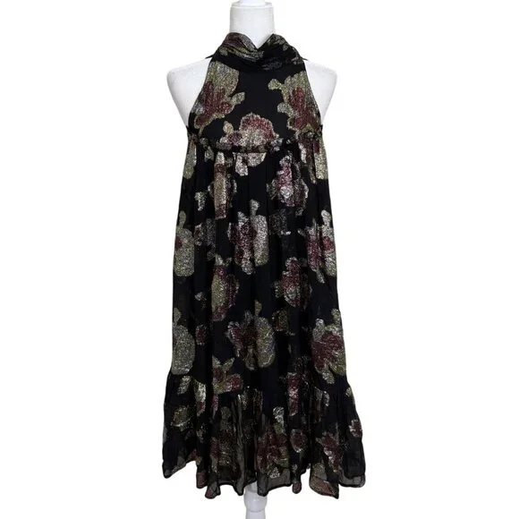 Anthropologie Maeve Metallic Floral Swing Dress Halter Evening Cocktail Size S N - Picture 2 of 8